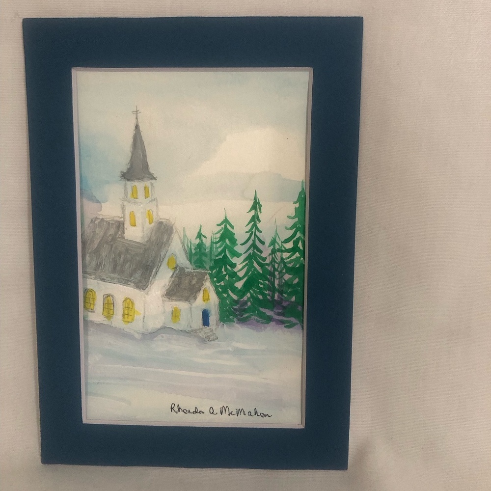 Watercolor Painting of Church in Matte